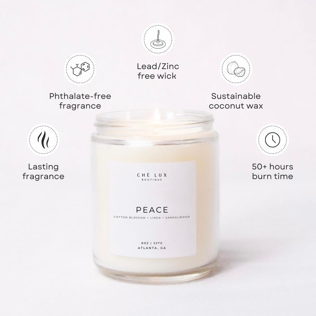 Peace is a Fresh & Clean Fragrance. Calming cotton blossom blended with fresh linen and a hint of sandalwood.  Fragrance Notes: cotton blossom, linen, sandalwood
