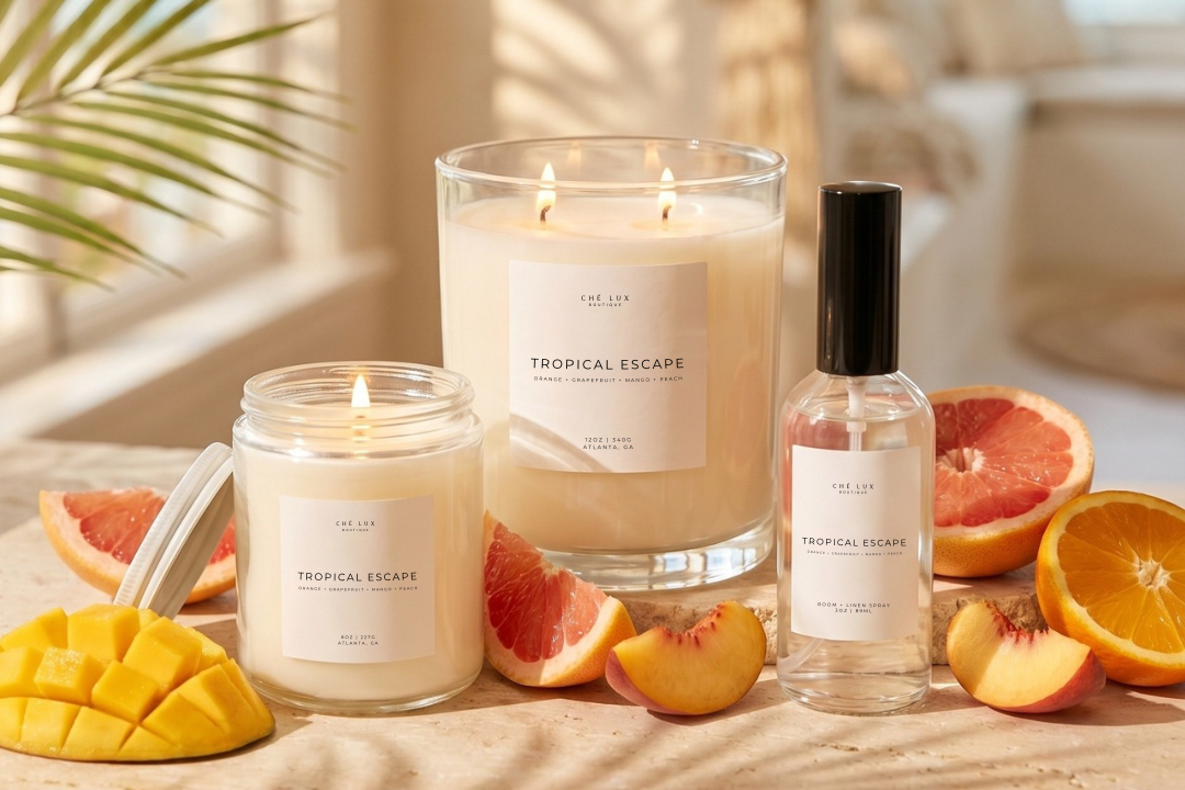 Candles and a bottle labeled 'Tropical Escape' on a table with fruit and a plant in the background.