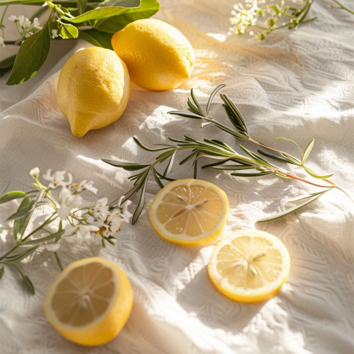 Lemons and greenery on a light fabric background