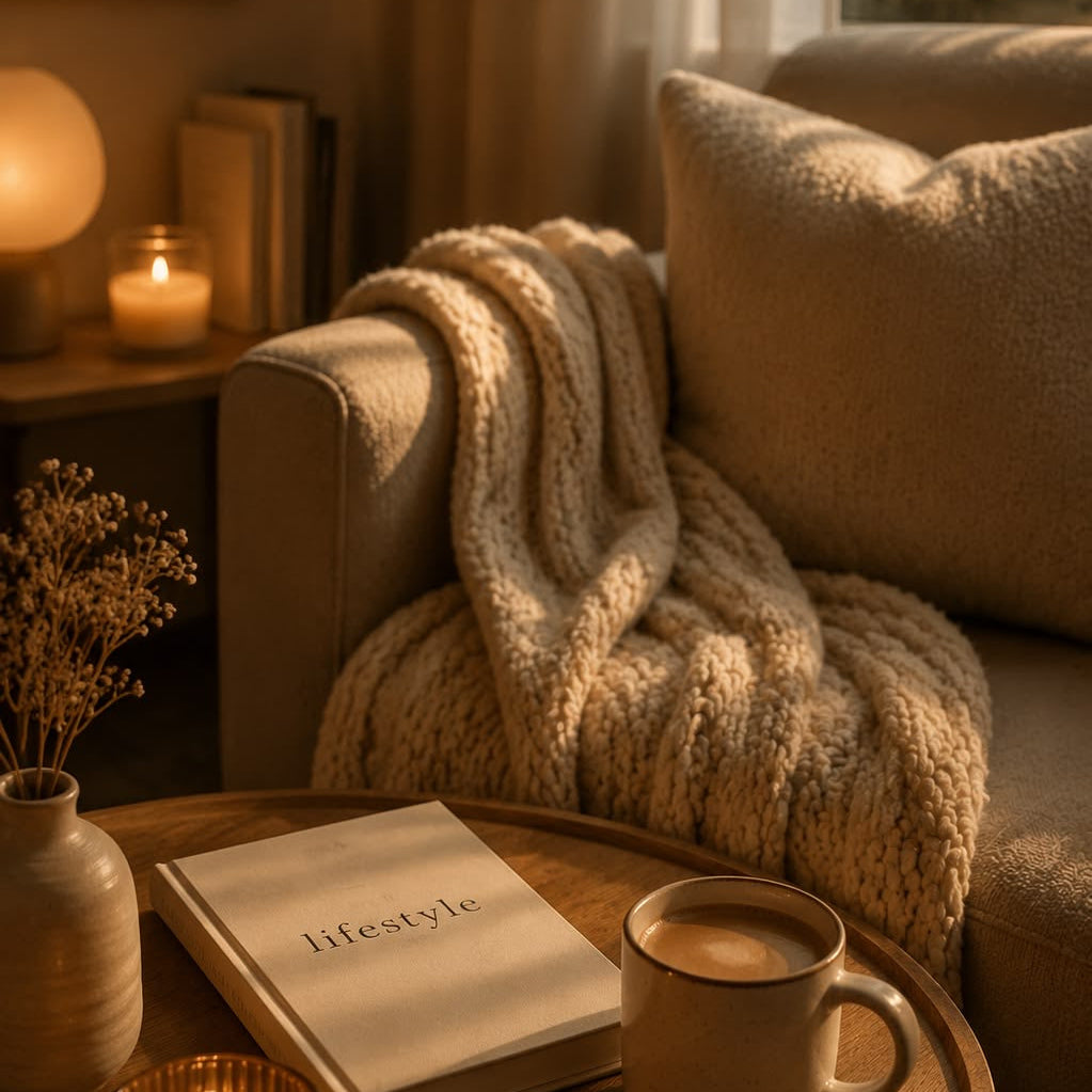 A cozy living room scene with a beige armchair draped in a chunky knit cream throw blanket, a round wooden coffee table with a book, mug, and lit candle, warm ambient lighting, and a window in the background.