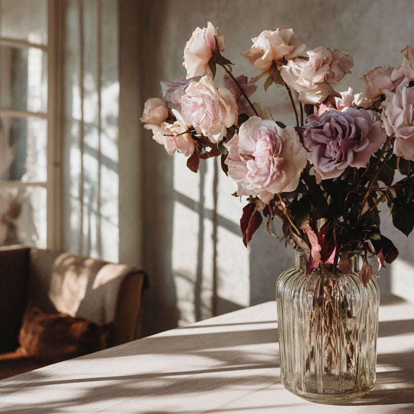 A bouquet of pink and lavender peony-like flowers arranged in a clear ribbed glass vase, placed on a sunlit table in a rustic room with visible wood ceiling beams and window light.