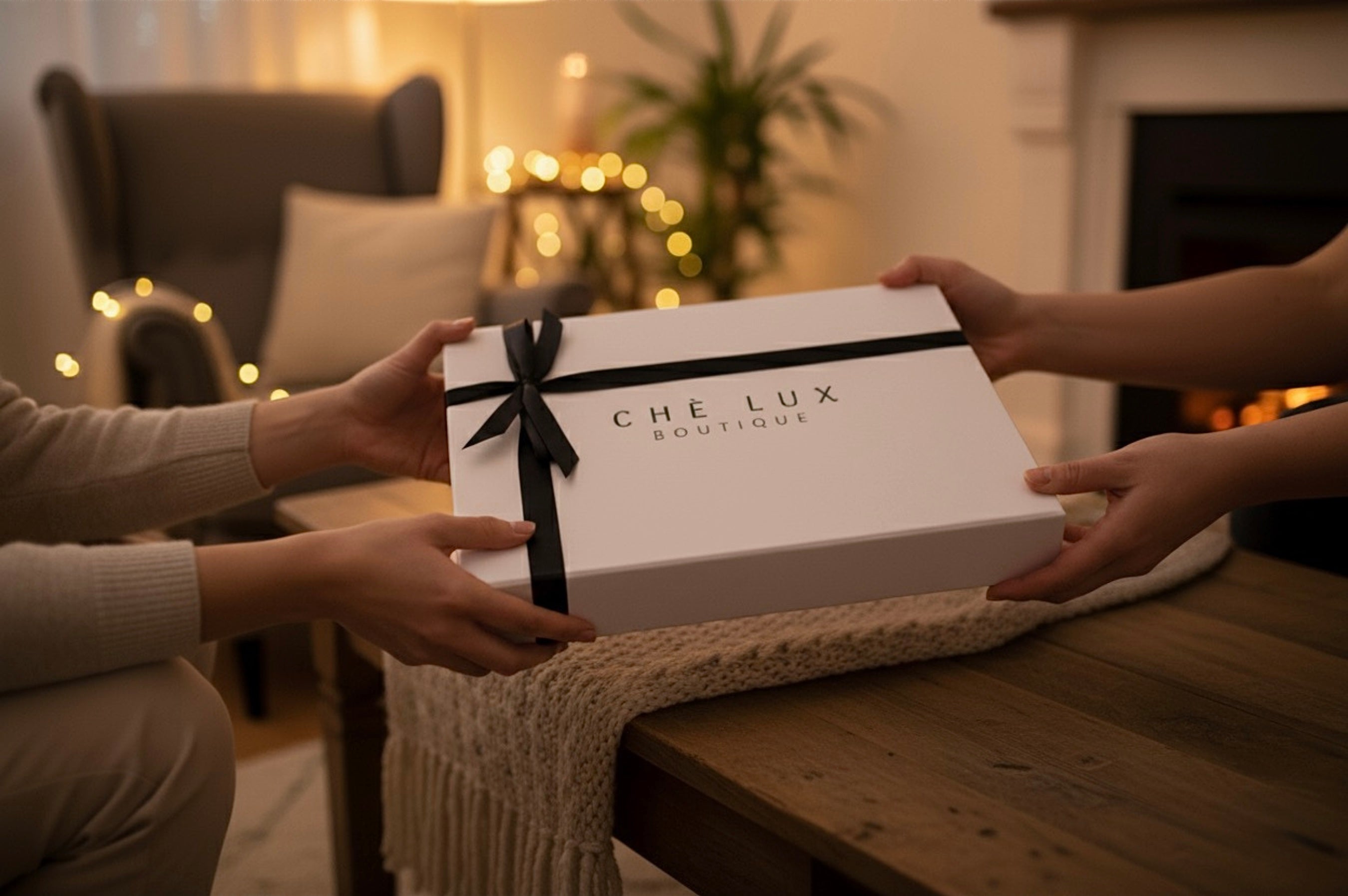 Two people exchanging a box from 'Che Lux Boutique' on a wooden table in a cozy room.