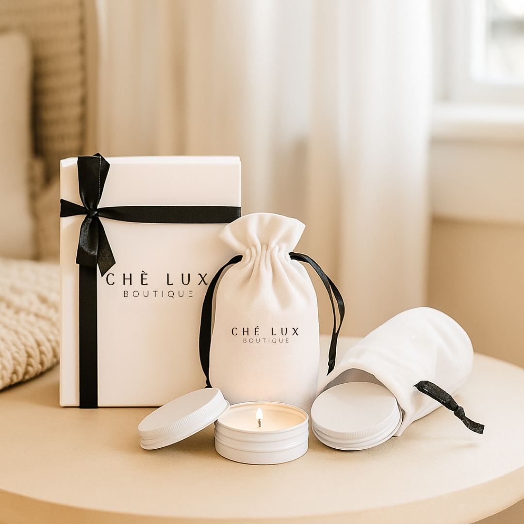 Candle and packaging with 'Ché Lux Boutique' branding on a neutral background