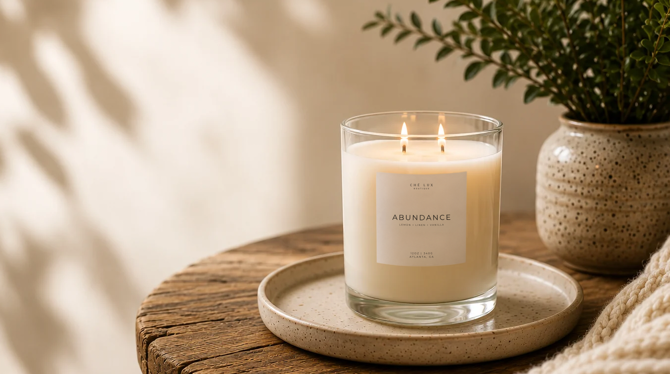 A lit double-wick candle in a clear glass jar sits on a round tray on a rustic wooden table, with a potted plant and a chunky knit blanket in a warm, sunlit room.