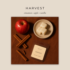 Flat lay photo showcasing Che Lux Boutique Harvest wax melts with a vibrant red apple, rich brown cinnamon sticks, and creamy white wax melt cubes on a warm brown surface emphasizing cinnamon apple vanilla notes